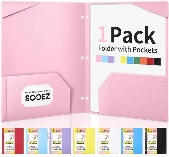 Main image of Sooez 2-Pocket Folders, Plastic Folders with Pockets 3 Hole Punched | 1 Pack Pockets Folder for 3 Ring Binder with Labels, Heavy Duty Binder Folder for Document, Letter Size File Folder,Pink