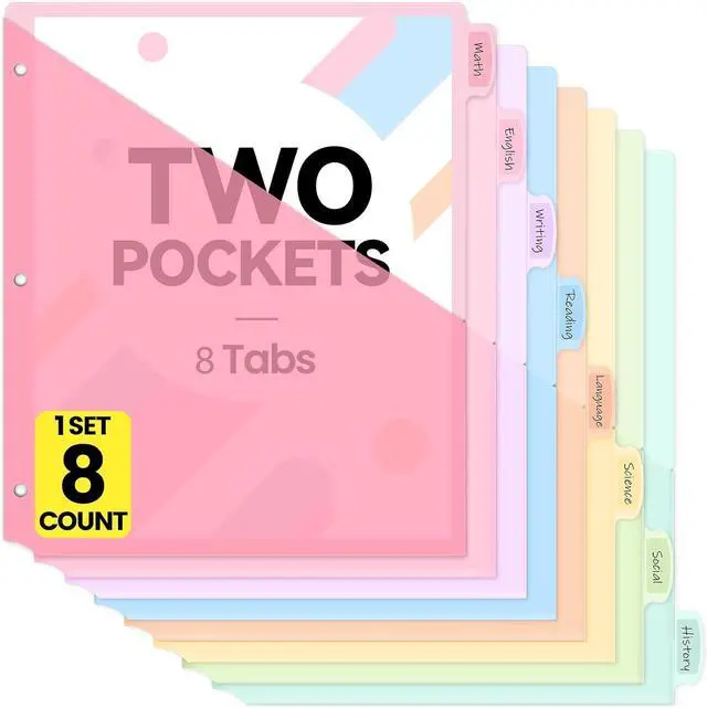 Main image of Sooez 8 Count Dividers with Pockets, Binder Dividers with tabs | Binder Dividers for 3 Ring Binders, Binder Divider with Pockets for US Letter Size, Insertable Big Tabs, Pastels, Set of 1