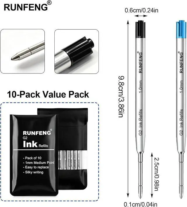 Alt view image 5 of 7 - Pack of 10 Replaceable Ballpoint Pen Refills,G2 Ink Refills | 1mm Medium Point,Twist Pen Refill,Ball Point Pen Refills,Ink Refills for Pens,Blue