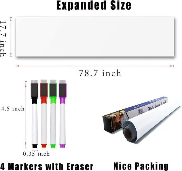 Alt view image 2 of 7 - Self Adhesive White Board Paper - Dry Erase Wall Stickers Roll 17.7" x 78.7" (6.5 Feet) Message Board Wallpaper Decal for School/Office/Home/Kid/Art/Decorations, Safe for Adults & Kids with 4 Markers