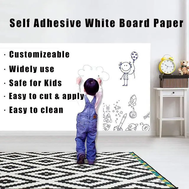 Alt view image 4 of 7 - Self Adhesive White Board Paper - Dry Erase Wall Stickers Roll 17.7" x 78.7" (6.5 Feet) Message Board Wallpaper Decal for School/Office/Home/Kid/Art/Decorations, Safe for Adults & Kids with 4 Markers
