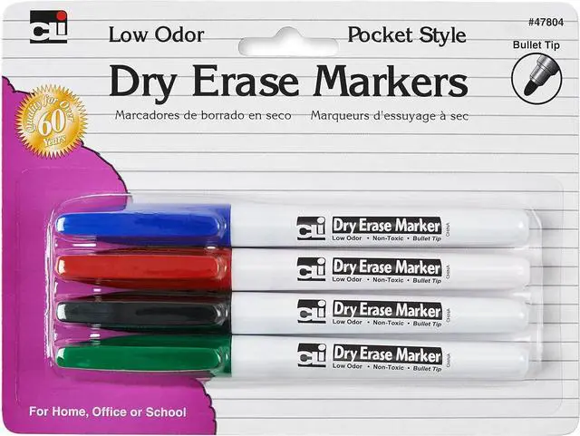 Main image of Charles Leonard Dry Erase Markers, Pocket Style with Bullet Tip, Assorted Colors, 4-Pack (47804)