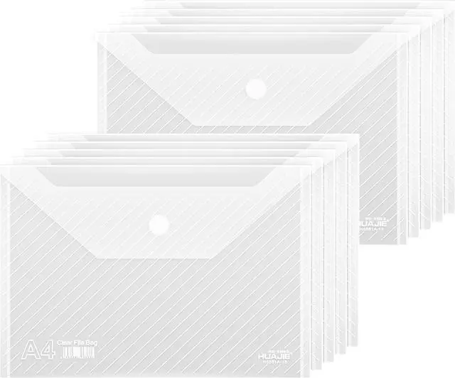 Main image of 10 Pack, Plastic Envelopes Transparent Waterproof Reusable File Folders for A4 Letter Sized Documents, Receipts, Photos & Office/School Use (10)