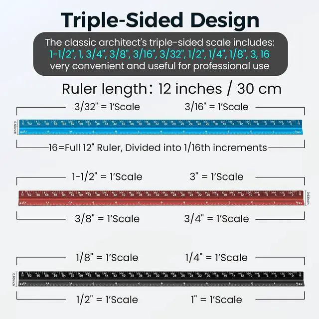 Alt view image 3 of 7 - 2 Pcs Architectural Scale Ruler 12 Inch, Aluminum Architect Ruler & Metal Ruler Set, Imperial Engineer Scale for Blueprints, Drafting Ruler for Architects, Students, Draftsmen, and Engineers (Blue)