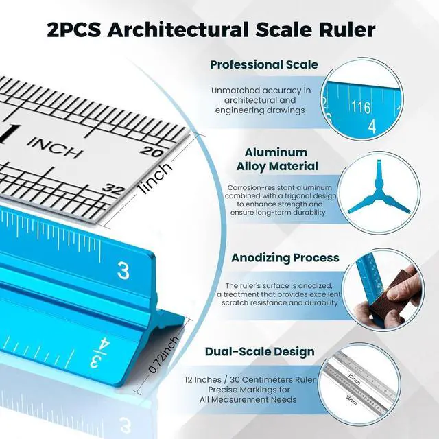 Alt view image 2 of 7 - 2 Pcs Architectural Scale Ruler 12 Inch, Aluminum Architect Ruler & Metal Ruler Set, Imperial Engineer Scale for Blueprints, Drafting Ruler for Architects, Students, Draftsmen, and Engineers (Blue)
