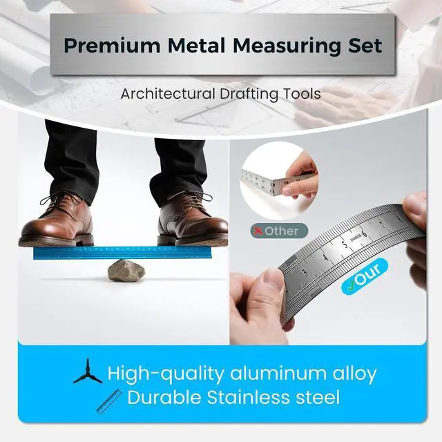 Alt view image 4 of 7 - 2 Pcs Architectural Scale Ruler 12 Inch, Aluminum Architect Ruler & Metal Ruler Set, Imperial Engineer Scale for Blueprints, Drafting Ruler for Architects, Students, Draftsmen, and Engineers (Blue)