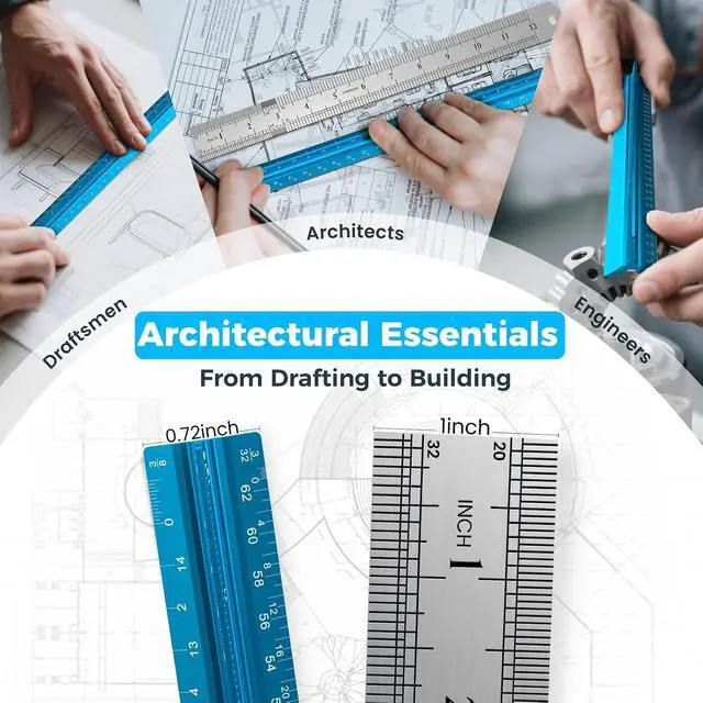 Alt view image 5 of 7 - 2 Pcs Architectural Scale Ruler 12 Inch, Aluminum Architect Ruler & Metal Ruler Set, Imperial Engineer Scale for Blueprints, Drafting Ruler for Architects, Students, Draftsmen, and Engineers (Blue)