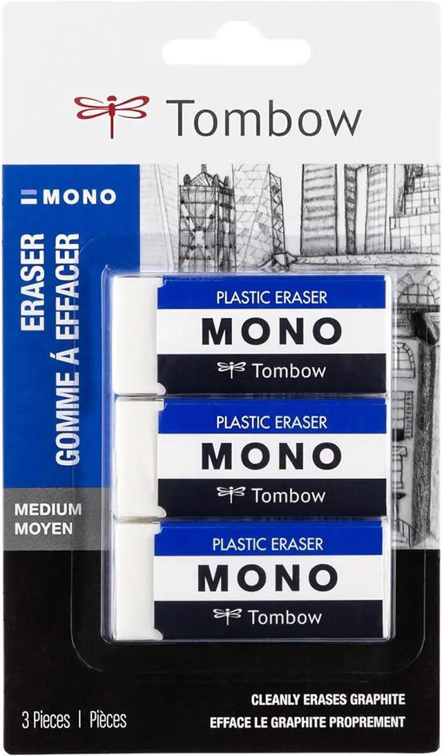 Main image of Tombow 57324 MONO Eraser, White, Medium, 3-Pack. Cleanly Removes Marks