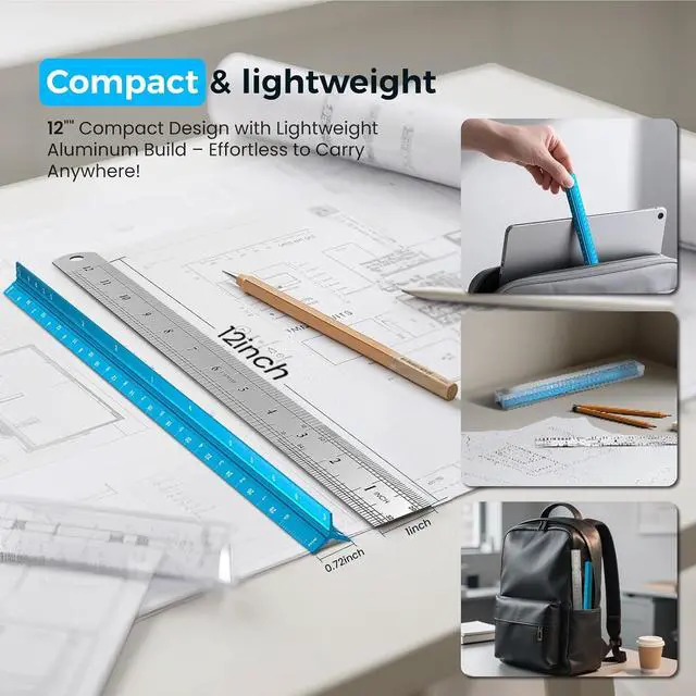 Alt view image 6 of 7 - 2 Pcs Architectural Scale Ruler 12 Inch, Aluminum Architect Ruler & Metal Ruler Set, Imperial Engineer Scale for Blueprints, Drafting Ruler for Architects, Students, Draftsmen, and Engineers (Blue)