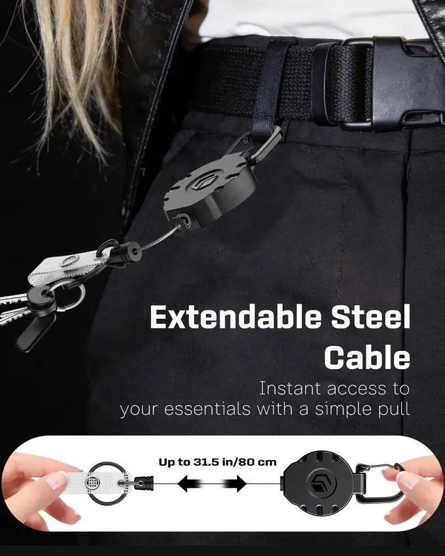 Alt view image 3 of 7 - Uniclife Retractable Keychain Badge Reel Badge Holder Retractable Clip | Heavy Duty, Tactical, Carabiner Clip, Stainless Steel Spring Coil, 31.5 Inch Steel Wire Rope, Key Ring, ID Badge Reel, 8 oz
