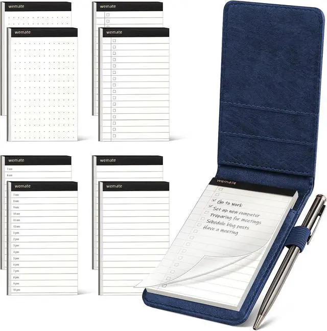 Main image of WEMATE 10 Pieces Small Notepad Holder Set Pocket Notebook Blue 3 x 5 Inch | Included Mini Pocket Notepad Holder Set with 8 Memo Book Refills and Metal Pen for Meetings, Daily Records