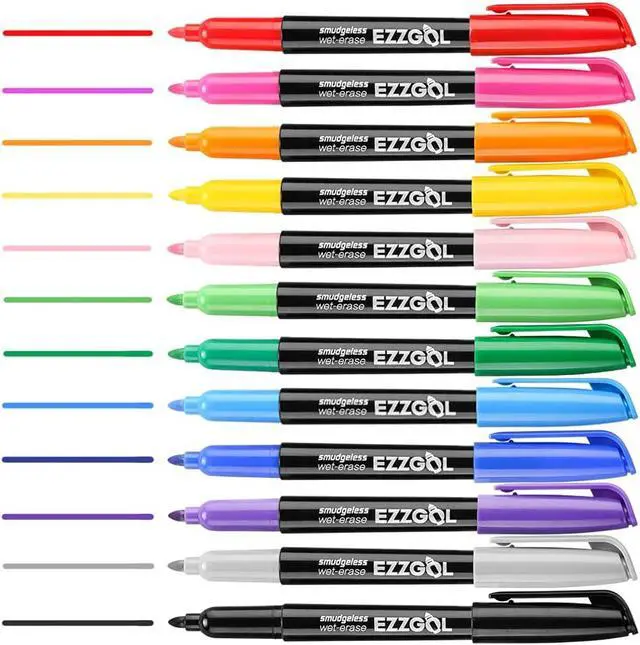 Alt view image 7 of 7 - EZZGOL 12-Color Bullet Tip Wet Erase Markers for Transparency, Whiteboards, Glass and More - Wipe with Water