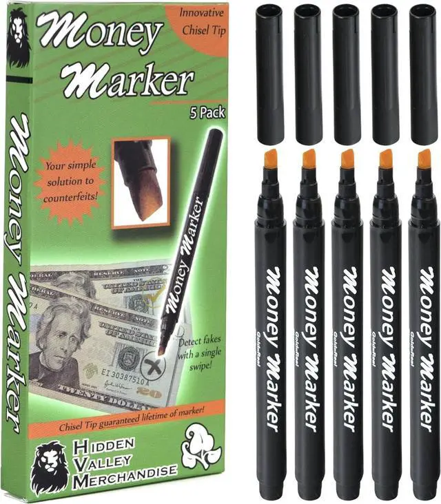 Main image of HVM Counterfeit Money Detector Pen (5 Counterfeit Pens) | Detect Fake Bills | Money Marker Bill Detector Pen with Upgraded Chisel Tip | Universal False Currency Checker Pack