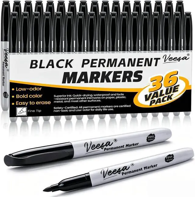 Main image of VEESA Permanent Markers Fine Tip, 36 Pack Black Markers for Office | Waterproof, Smear-Proof, Quick-Drying