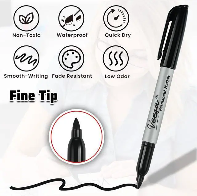 Alt view image 7 of 7 - VEESA Permanent Markers Fine Tip, 36 Pack Black Markers for Office | Waterproof, Smear-Proof, Quick-Drying