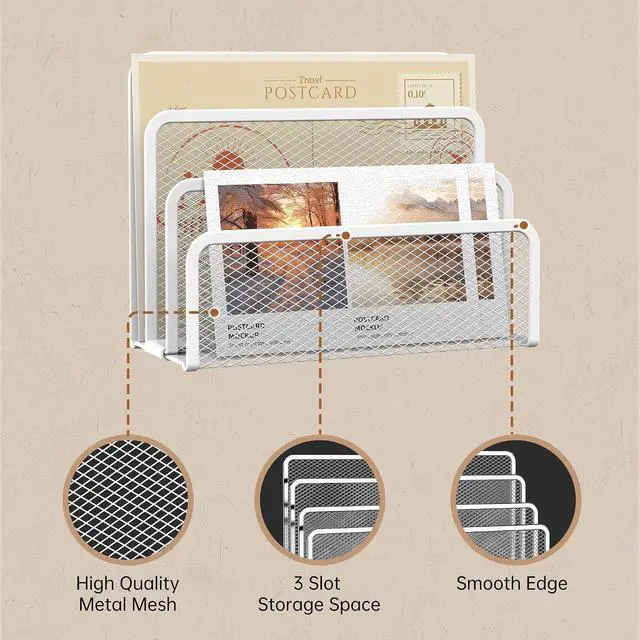Alt view image 4 of 7 - Mail Organizer Countertop for Desk, Mail File Holder with 3-Slot, White | Metal Mesh Mail Sorter for Letters, Envelopes, Bills, and Files for Home Offices, Classroom Organization