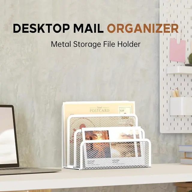 Alt view image 5 of 7 - Mail Organizer Countertop for Desk, Mail File Holder with 3-Slot, White | Metal Mesh Mail Sorter for Letters, Envelopes, Bills, and Files for Home Offices, Classroom Organization