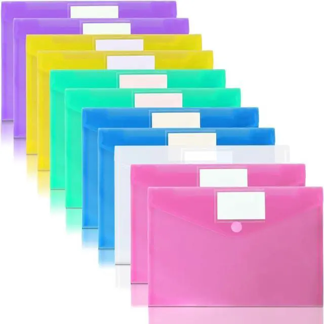 Main image of 11 Pack Plastic Document Envelopes A4 Letter Hook & Loop Folders | Waterproof and tear-resistant poly Filing Envelopes with Label for School Home Work Office Organization, 6 Assorted Color