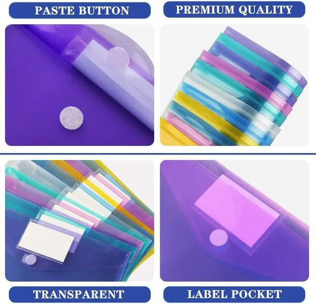 Alt view image 4 of 7 - 11 Pack Plastic Document Envelopes A4 Letter Hook & Loop Folders | Waterproof and tear-resistant poly Filing Envelopes with Label for School Home Work Office Organization, 6 Assorted Color