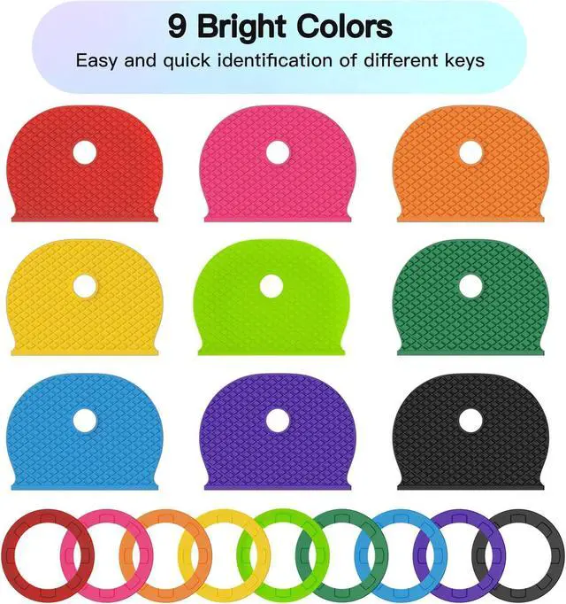Alt view image 2 of 7 - GoorDik 54PCS Key Caps Covers Tags, Plastic Key Color Identifiers for Standard Flat House Keys(Not Suitable for Odd-Shaped Keys), Key Coding Rings in 9 Assorted Colors, 2 Styles