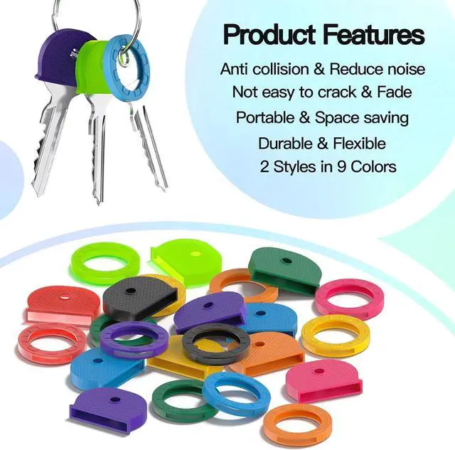 Alt view image 3 of 7 - GoorDik 54PCS Key Caps Covers Tags, Plastic Key Color Identifiers for Standard Flat House Keys(Not Suitable for Odd-Shaped Keys), Key Coding Rings in 9 Assorted Colors, 2 Styles