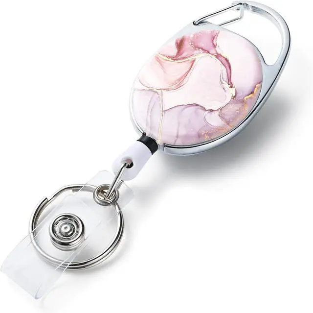Main image of Badge Reels RetractableDouble Sided Color Print Pattern Badge Holderswith Keychain, Clip and Key RingDurable Nylon RopePink Marble