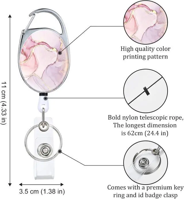Alt view image 4 of 7 - Badge Reels RetractableDouble Sided Color Print Pattern Badge Holderswith Keychain, Clip and Key RingDurable Nylon RopePink Marble