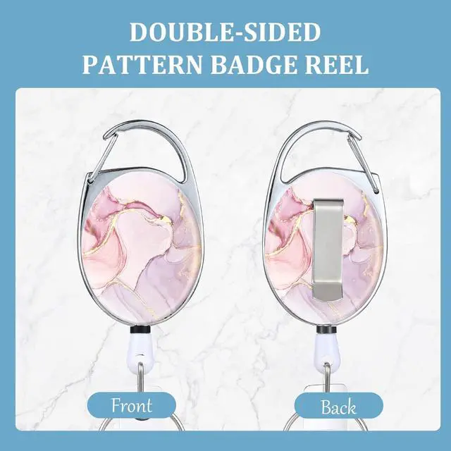 Alt view image 2 of 7 - Badge Reels RetractableDouble Sided Color Print Pattern Badge Holderswith Keychain, Clip and Key RingDurable Nylon RopePink Marble