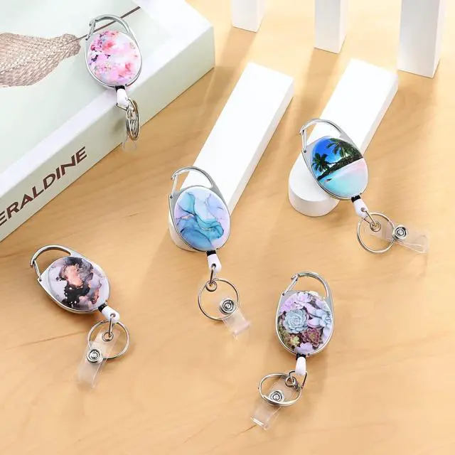 Alt view image 7 of 7 - Badge Reels RetractableDouble Sided Color Print Pattern Badge Holderswith Keychain, Clip and Key RingDurable Nylon RopePink Marble