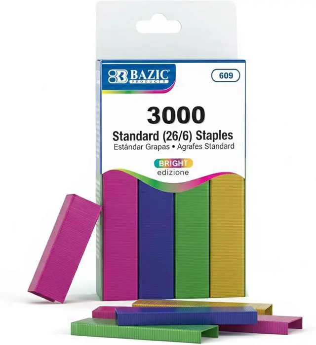Main image of BAZIC Staples Standard (26/6) Metallic Color 3000/Pack, Stapler Refill Standard Size Staple, Assorted Colors, 1-Pack | Refill standard staplers