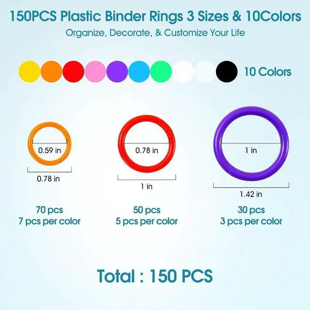 Alt view image 2 of 6 - 150PCS Loose Leaf Binder Rings, Plastic Colorful Book Rings for Index Cards, 10 Colors 3 Sizes (0.59/0.78/1 Inch) Key Paper Ring Clips, for School/Office/Home DIY