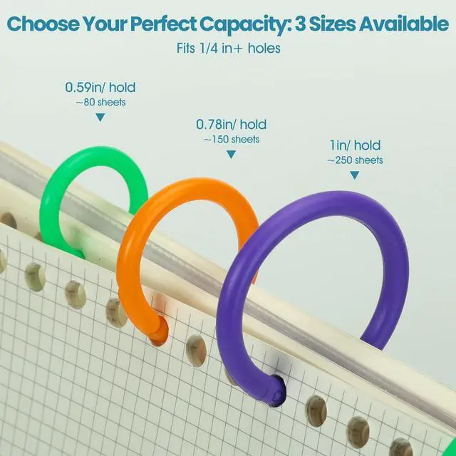 Alt view image 3 of 6 - 150PCS Loose Leaf Binder Rings, Plastic Colorful Book Rings for Index Cards, 10 Colors 3 Sizes (0.59/0.78/1 Inch) Key Paper Ring Clips, for School/Office/Home DIY