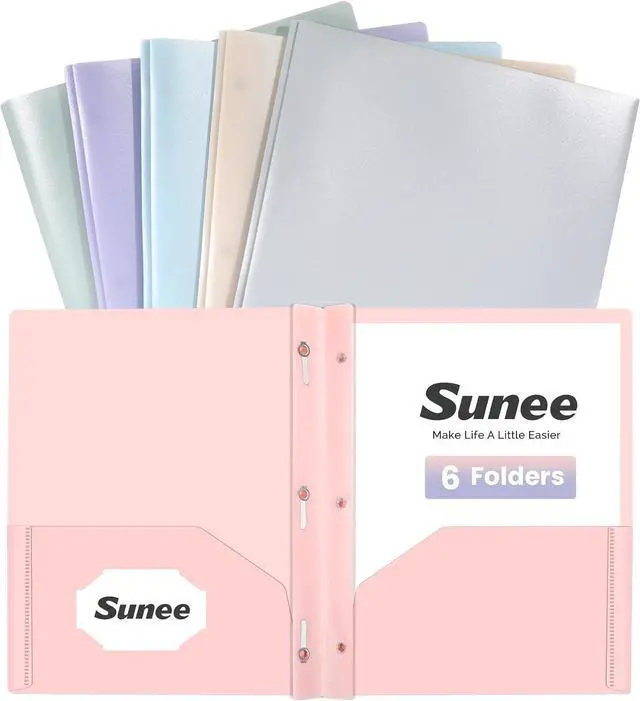 Main image of SUNEE 3-Prong Plastic Folders with Pockets (6 Pack, Pastel Colors) 2 Pocket Folders with Fasteners, Tear-Resistant Plastic Pockets, and Fit Letter Size Paper, Use for School Office Home Business