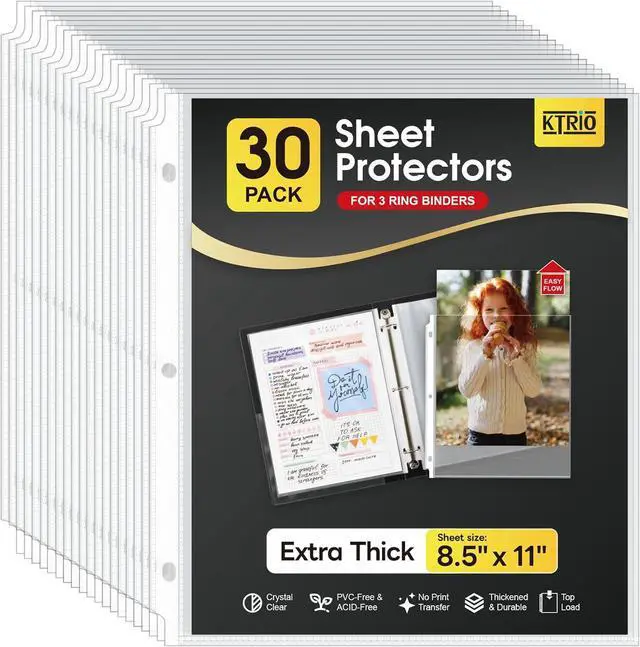 Main image of KTRIO Heavy Duty Sheet Protectors for 3 Ring Binder 30 Pack, 8.5 x 11 | Extra Thick Clear Page Protectors, Acid-Free Letter Size Plastic Paper Sleeves, Top Loading for Office, School, Home