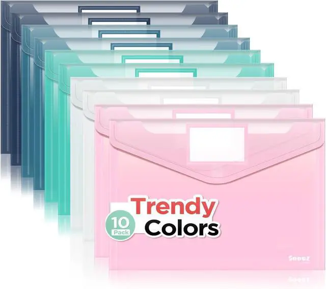 Main image of Sooez 10 Packs Plastic Envelopes, Plastic File Folders, Clear Folders | Trendy Colors, Super Heavyweight Document Holders, Storage Pouches, File Envelopes for School Office Supplies