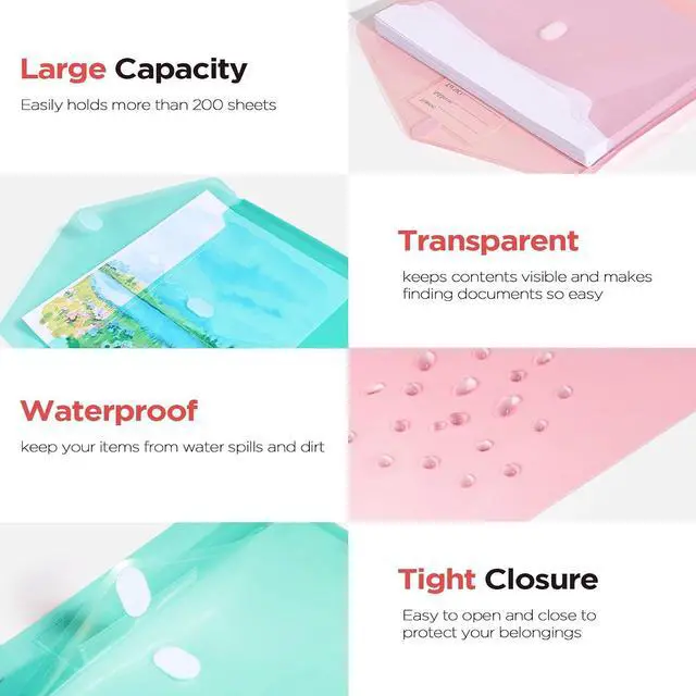 Alt view image 4 of 6 - Sooez 10 Packs Plastic Envelopes, Plastic File Folders, Clear Folders | Trendy Colors, Super Heavyweight Document Holders, Storage Pouches, File Envelopes for School Office Supplies