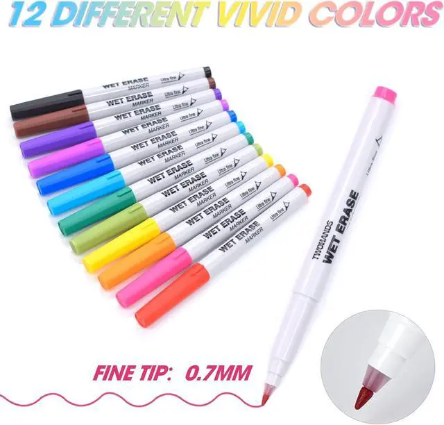 Alt view image 2 of 6 - TWOHANDS Wet Erase Markers Ultra Fine Tip, Assorted Colors,0.7mm,12 Count | Low Odor, Extra Fine Point, For Office, Home, or Planning Dry Erase Board, 20703
