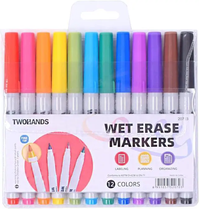 Alt view image 6 of 6 - TWOHANDS Wet Erase Markers Ultra Fine Tip, Assorted Colors,0.7mm,12 Count | Low Odor, Extra Fine Point, For Office, Home, or Planning Dry Erase Board, 20703