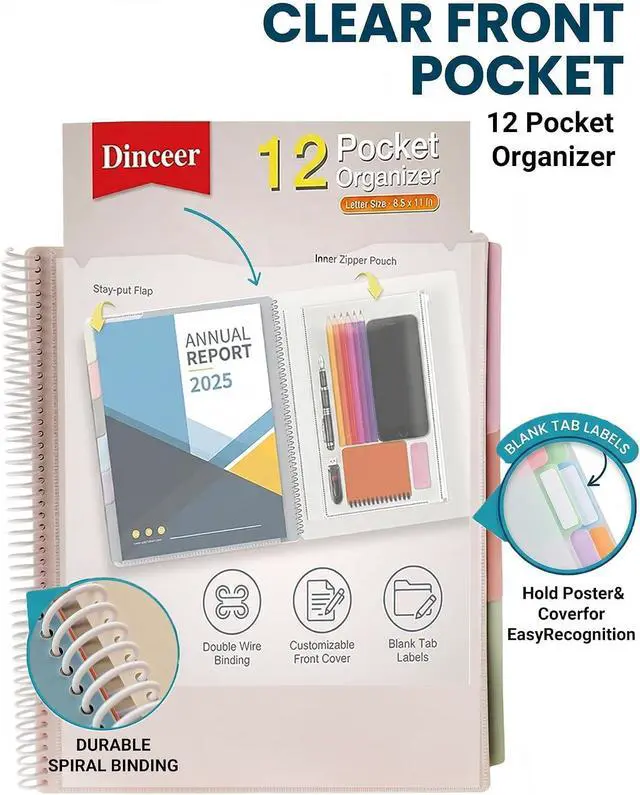 Alt view image 6 of 7 - 12 Pocket Spiral Project Organizer Folder, Morandi Color Multi Pocket Folder with Inner Zipper Pouch for School, Office, Bills and Documents