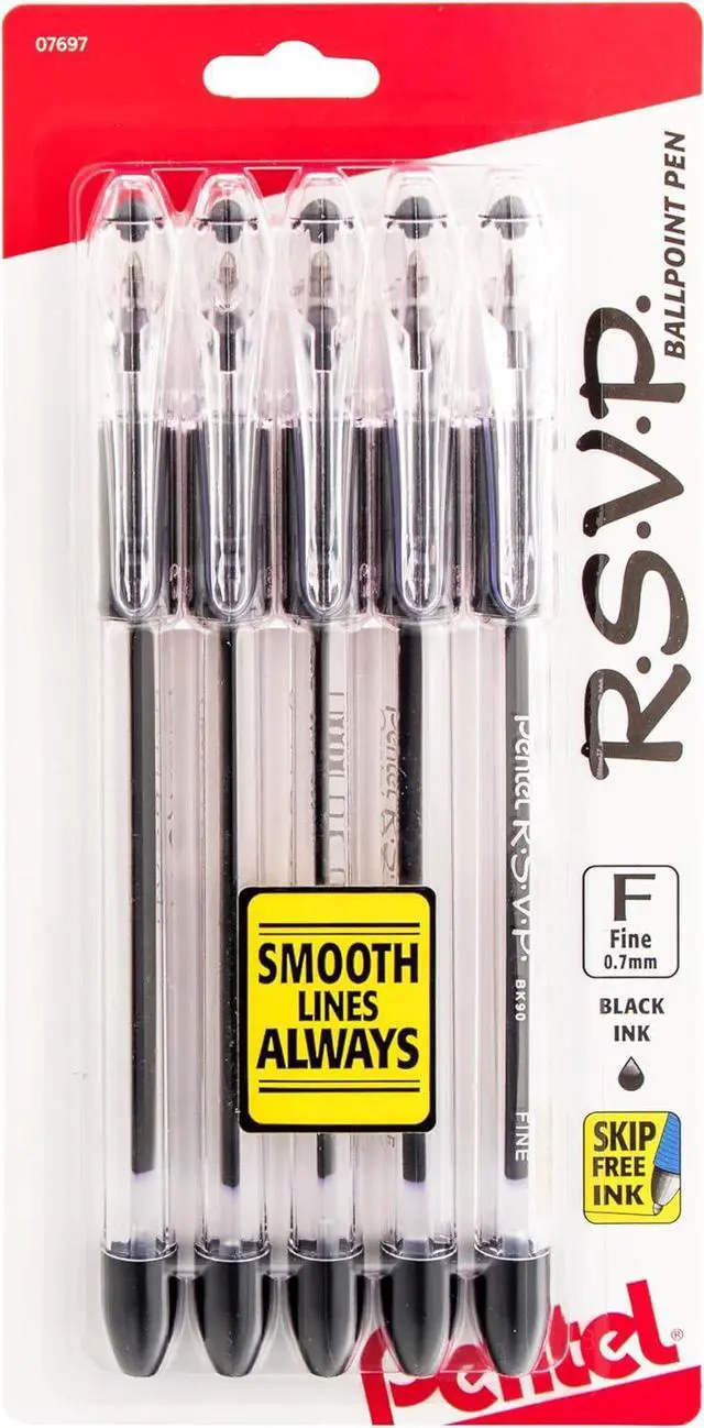 Main image of Pentel RSVP Ballpoint Pen, (0.7mm), Fine Line, Black Ink, Pack of 5 (BK90PF5A)