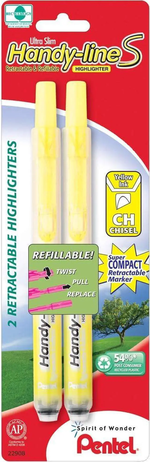 Alt view image 2 of 2 - Pentel Handy-Line S Retractable Highlighter, Chisel Tip, Yellow Ink, 2/ Pack (SXS15BP2G)
