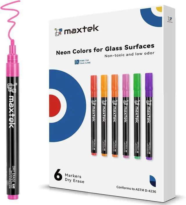 Main image of maxtek Dry Erase Markers, Fine Tip, Neon Colors, 6 Count | Glass Whiteboard Markers, White Board Dry Erase Pens