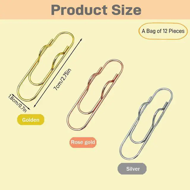Alt view image 2 of 7 - 12-Pack Metal Pen Clips Gold, Silver & Rose Gold Paperclip Pen Holders for Notebooks, Journals & Office Use