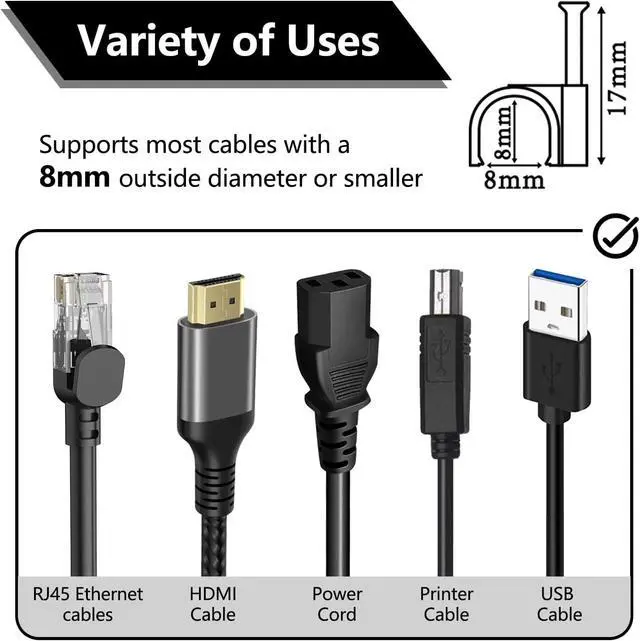 Alt view image 4 of 7 - Jadaol Cable Clips 100Pcs 8mm Nail in Clips for Round Ethernet Cables Wall Clips Cable Tacks Electrical Wire TV Cable Speaker Wire Coax Clips Cable Nails for Cords Cat5/Cat5e/Cat6/Cat7 RJ45 Cord Clips