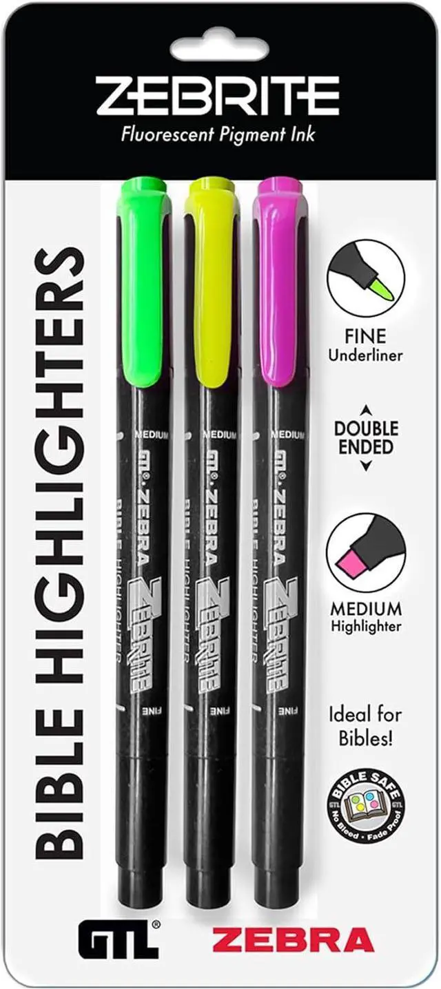 Main image of G.T. Luscombe Company, Inc. Zebrite Double Ended Bible Highlighter Set | No Bleed Pigmented Ink | No Fading or Smearing | Double Ended for Highlighting & Underlining | Green, Yellow, Pink (Set of 3)