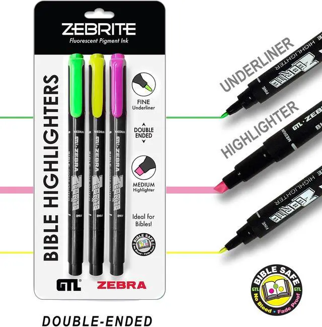 Alt view image 4 of 4 - G.T. Luscombe Company, Inc. Zebrite Double Ended Bible Highlighter Set | No Bleed Pigmented Ink | No Fading or Smearing | Double Ended for Highlighting & Underlining | Green, Yellow, Pink (Set of 3)
