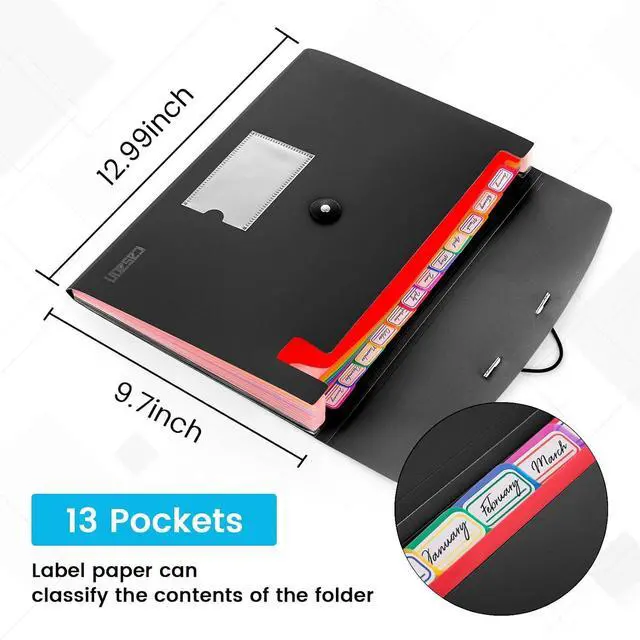 Alt view image 2 of 7 - 13 Pocket Expanding File Folder Accordian File Organizer, A4 Letter Size Paper Document Receipt Holder for School Office Supplies, Black