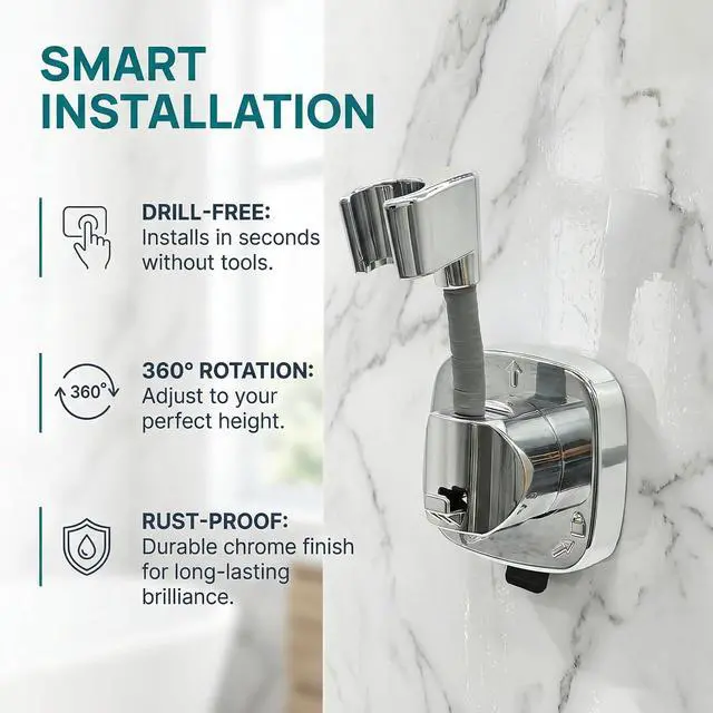 Alt view image 2 of 7 - Suction Cup Shower Head Holder with Storage Hook, 360° Adjustable Handheld Shower Wand Holder, No-Drill Locking Mount, Supports Up to 22 lb (10 kg), Rust-Resistant for Bathroom and RV