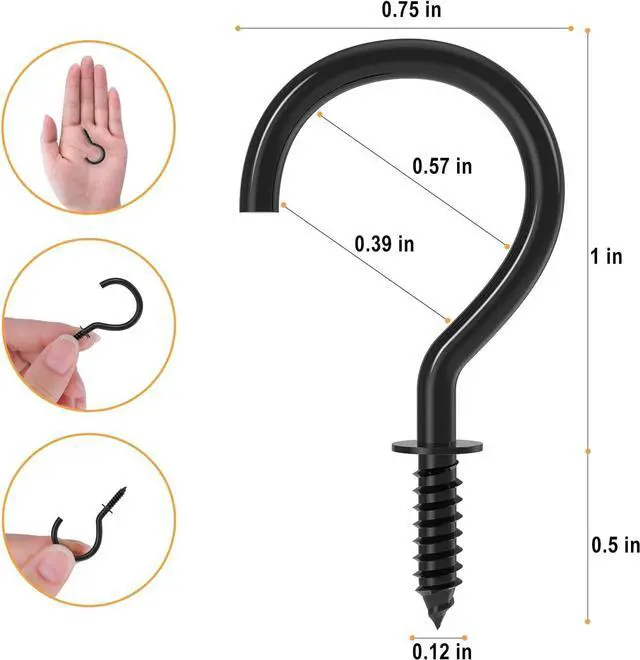 Alt view image 3 of 7 - RELBRO Screw Hooks, 1 Inch Metal Screw in Cup Hooks, Black, 100 Pcs | Twist in Thread Hooks, Heavy Duty, Outdoor Indoor Daily Use, for Hanging Coffee Cups Mugs Plants String Lights