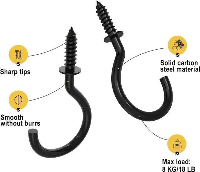 Alt view image 4 of 7 - RELBRO Screw Hooks, 1 Inch Metal Screw in Cup Hooks, Black, 100 Pcs | Twist in Thread Hooks, Heavy Duty, Outdoor Indoor Daily Use, for Hanging Coffee Cups Mugs Plants String Lights